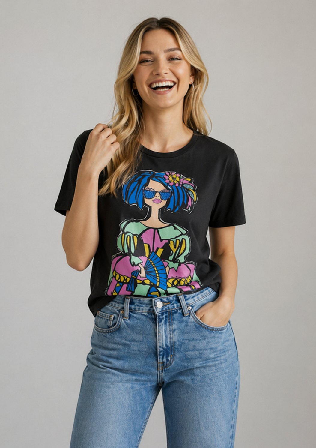 Camiseta satén estampada con espalda de punto