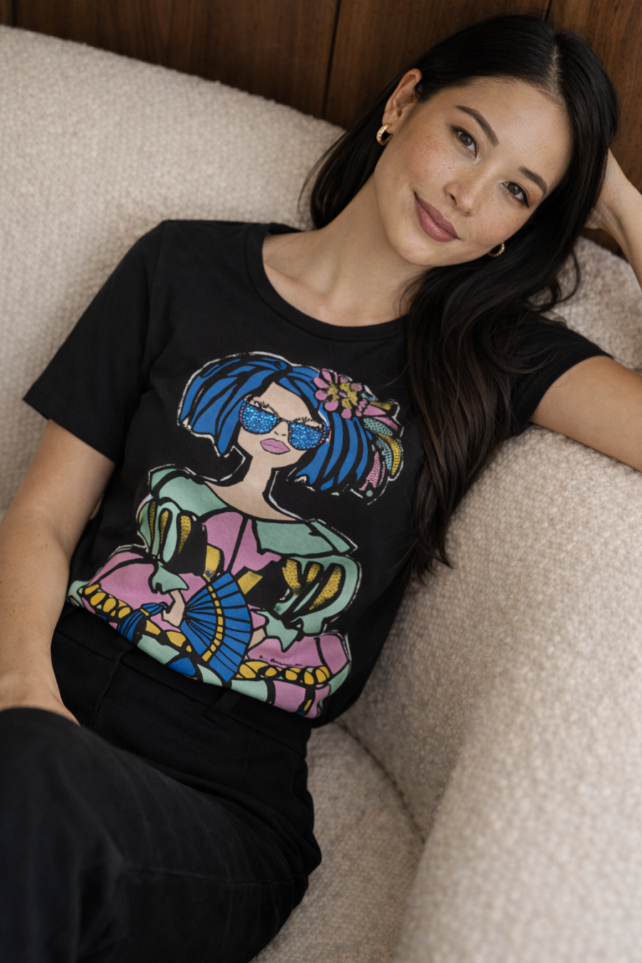 Camiseta satén estampada con espalda de punto