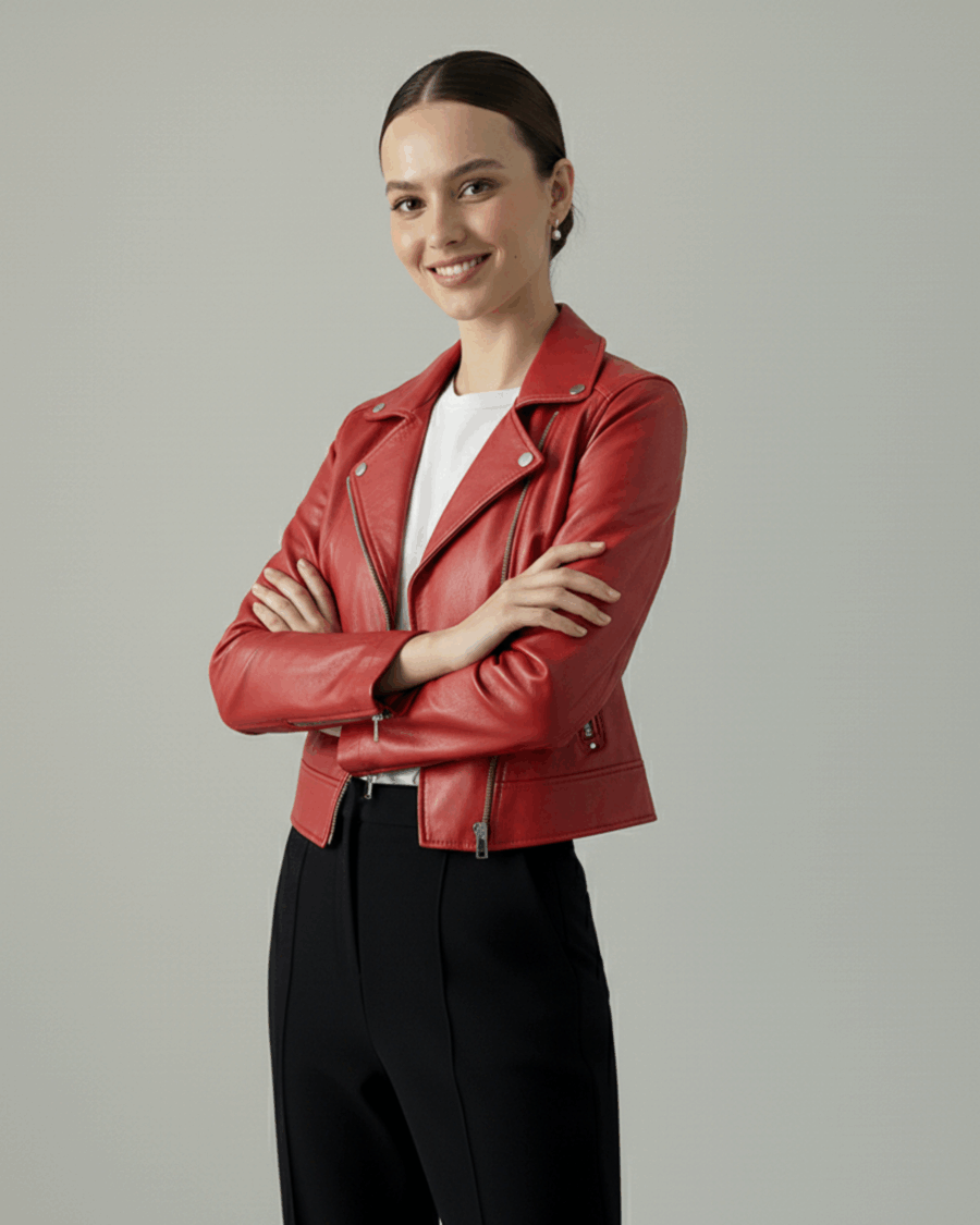 Chaqueta biker de piel Rojo  (DST003)