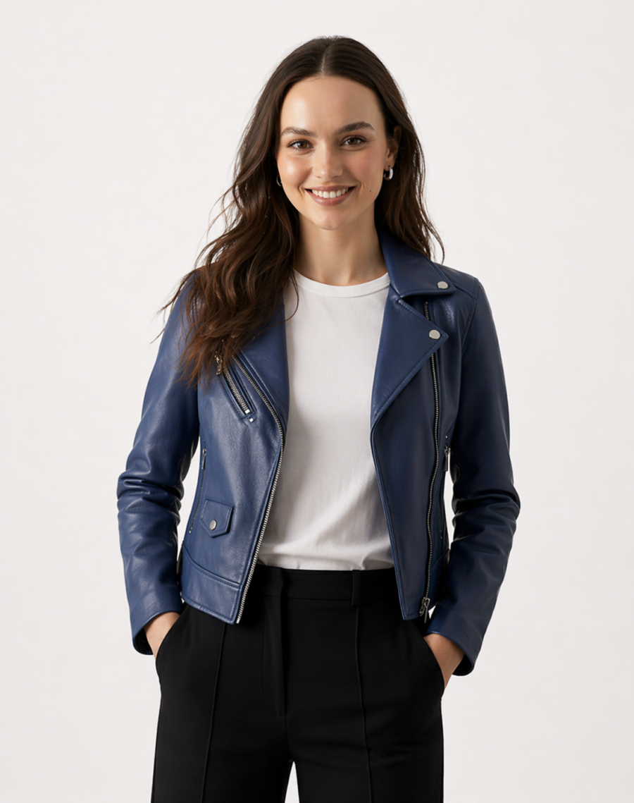 Chaqueta biker de piel  Azul (DST003)