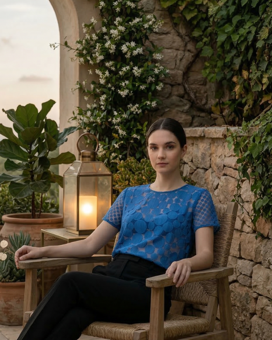 Blusa azul translúcida con textura circular Woman&Now