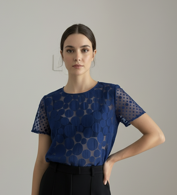 Blusa azul translúcida con textura circular