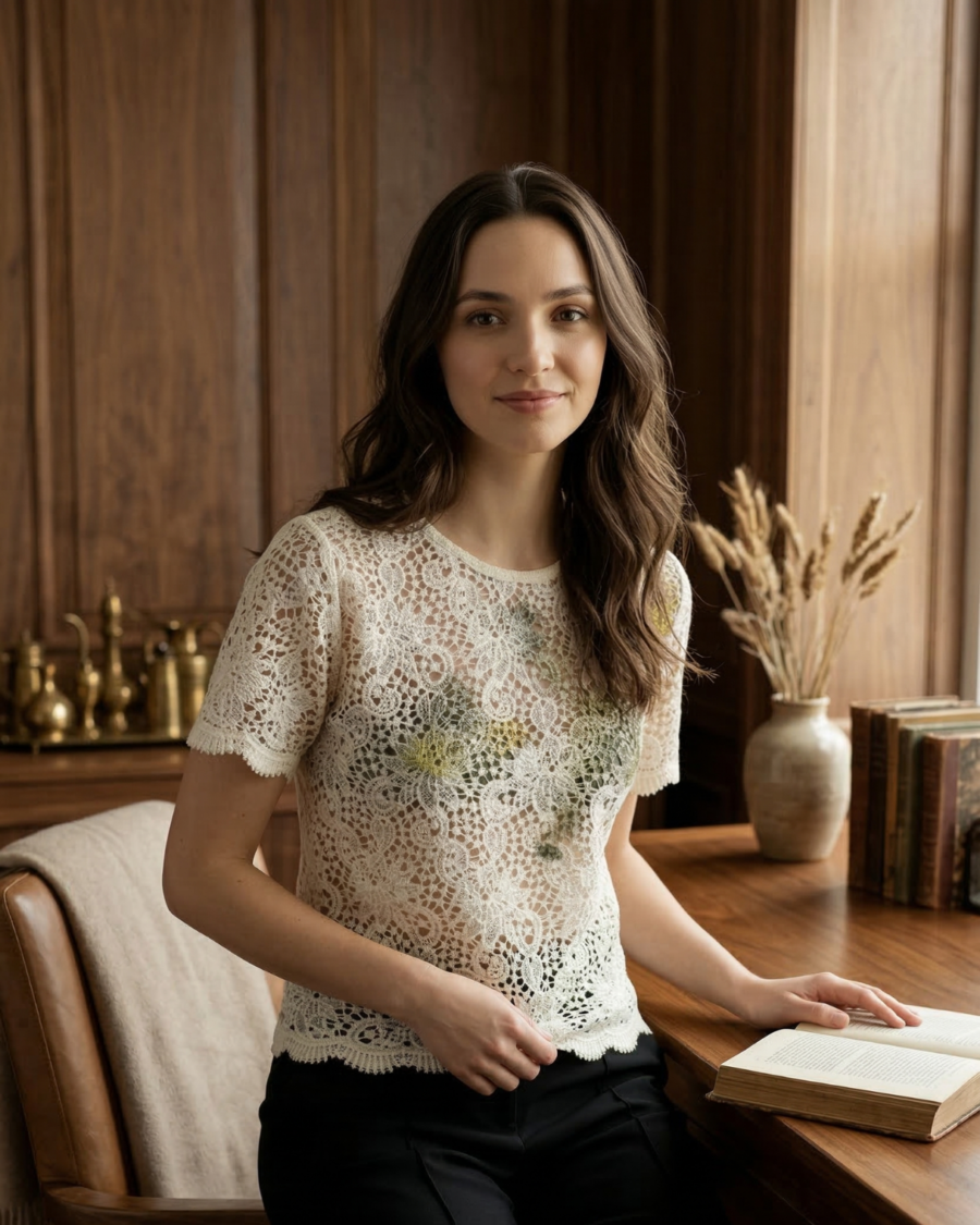 Blusa blanca de encaje con bordado floral Woman&Now