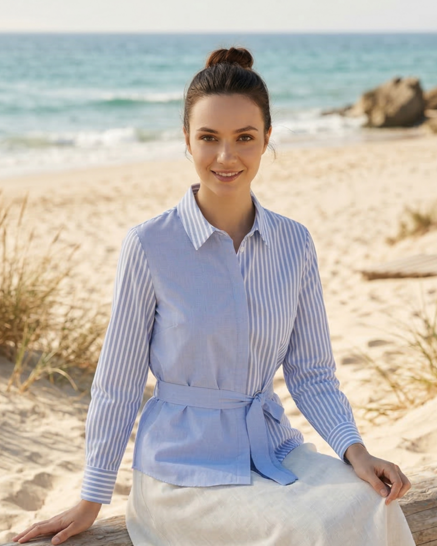 Camisa azul de rayas con cinturón Be Blouse