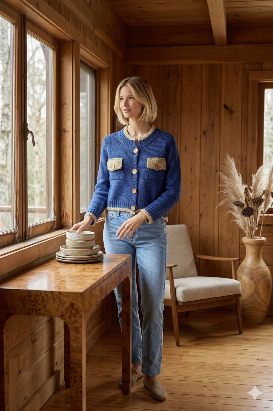 Cárdigan Blue Knit Bolsillos Contraste