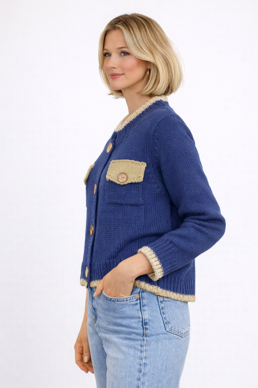 Cárdigan Blue Knit Bolsillos Contraste