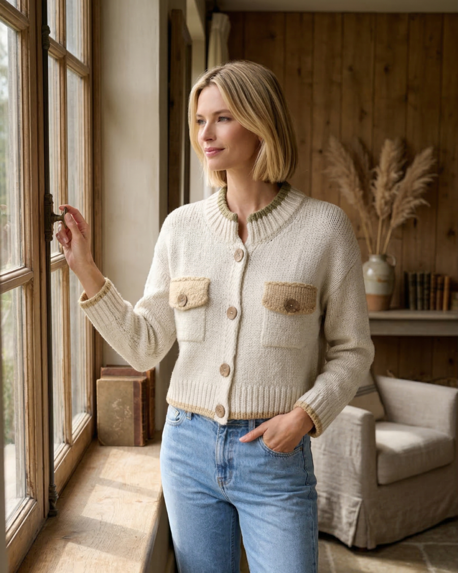 Cárdigan Cream Knit Bolsillos Contraste