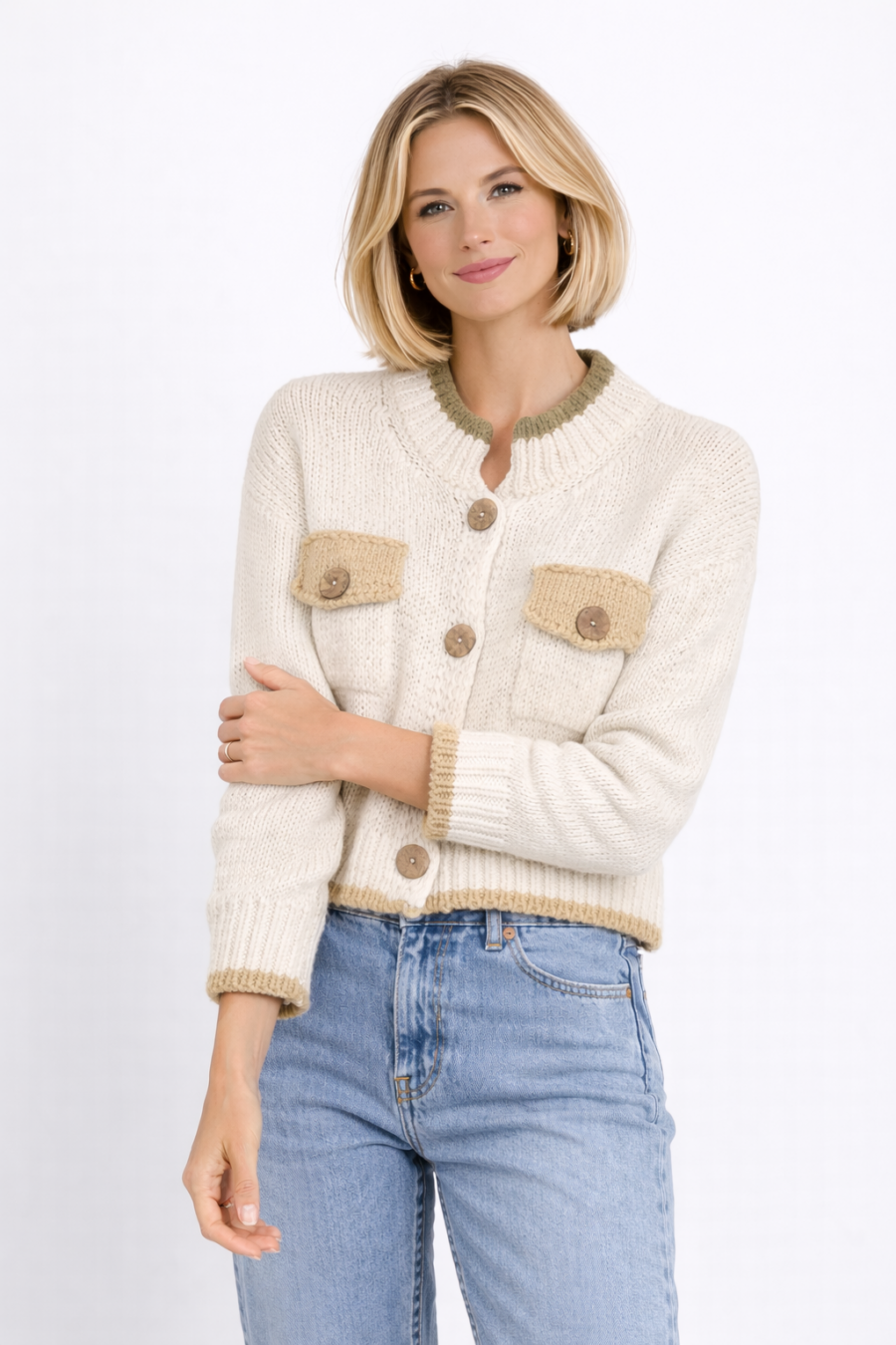 Cárdigan Cream Knit Bolsillos Contraste