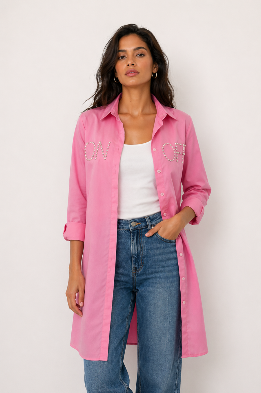 Camisola larga rosa neón con pedrería Be Blouse