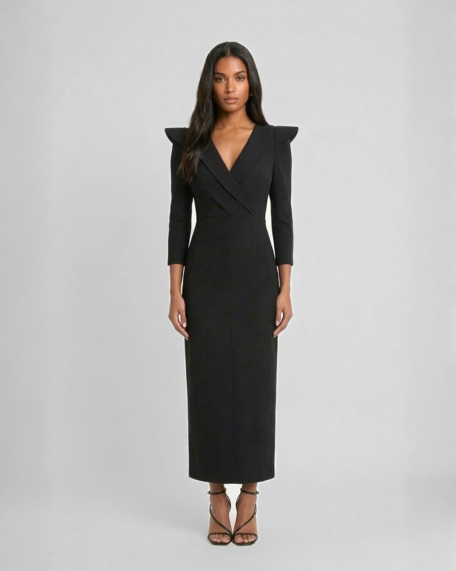 Vestido Black Structured Shoulders Elegance
