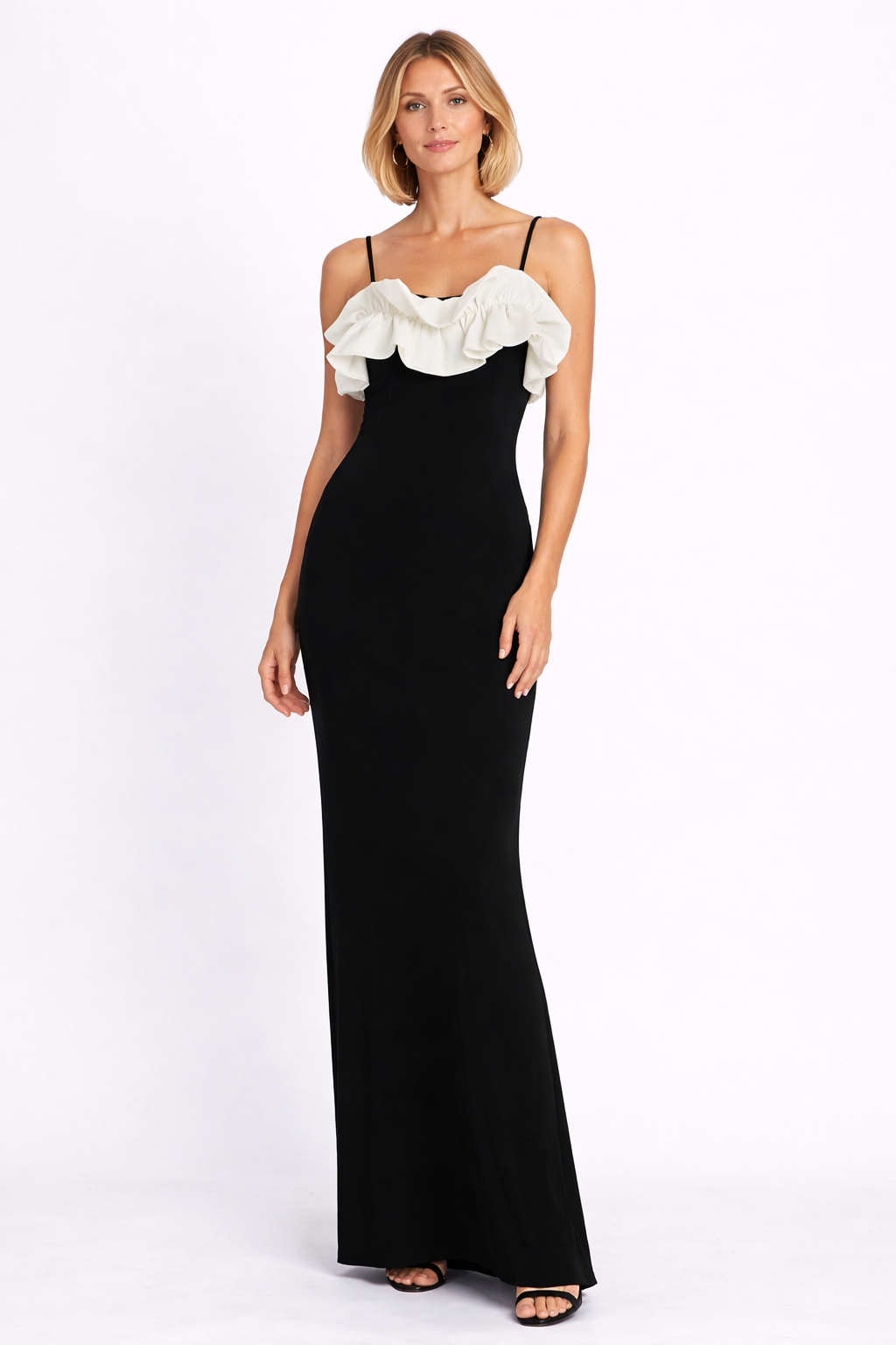 Vestido Black & White Ruffle Straps Elegance