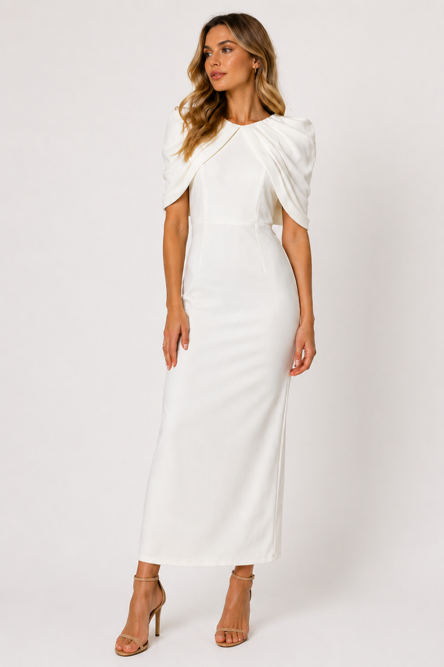 Vestido White Draped Shoulders Elegance