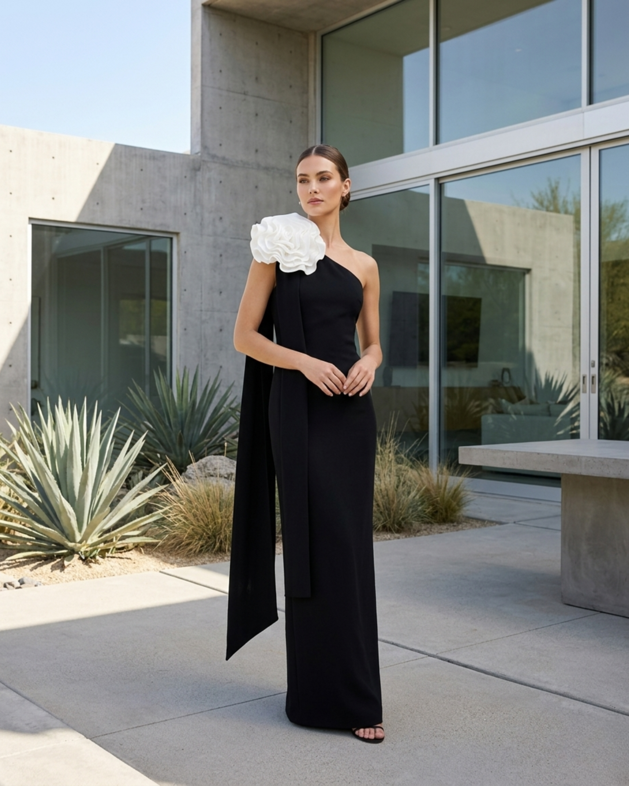 Vestido One Shoulder Flower Statement Elegance