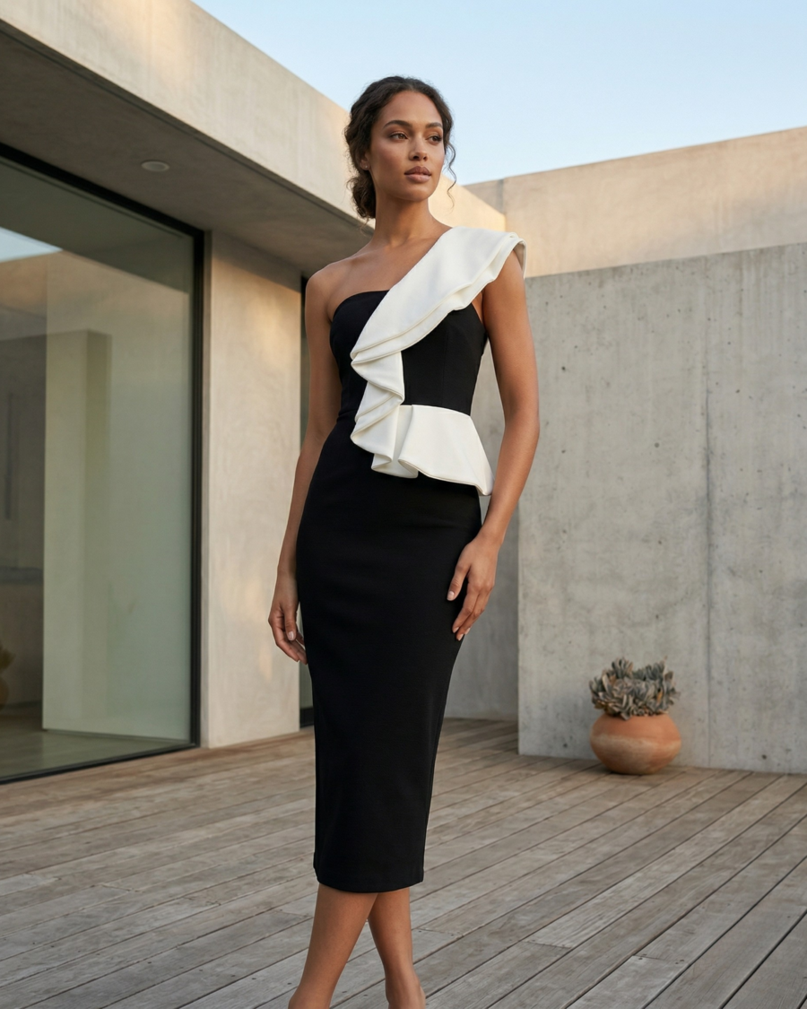 Vestido One Shoulder Ruffle Contrast Chic