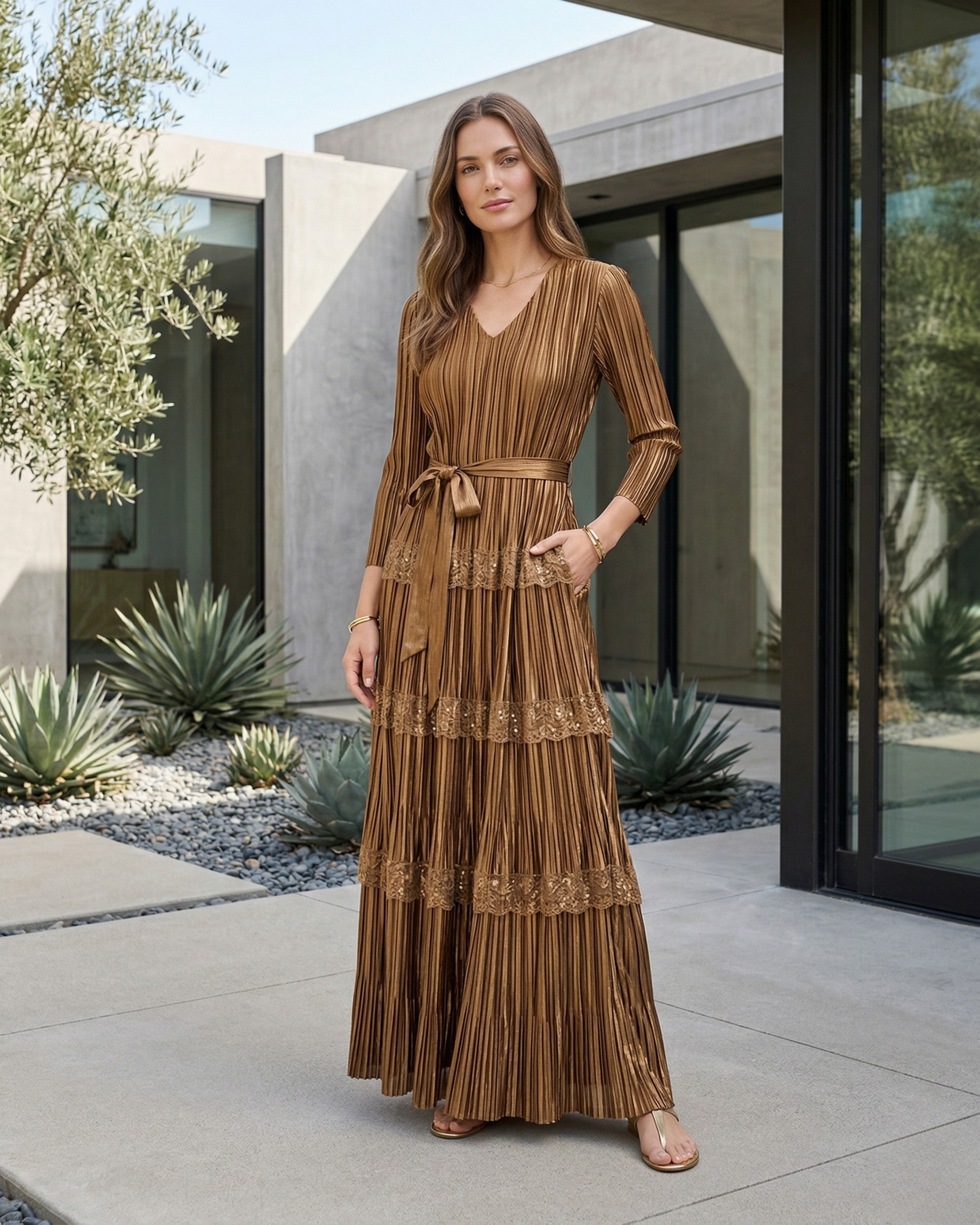 Vestido Pleated Lace Flow Chic