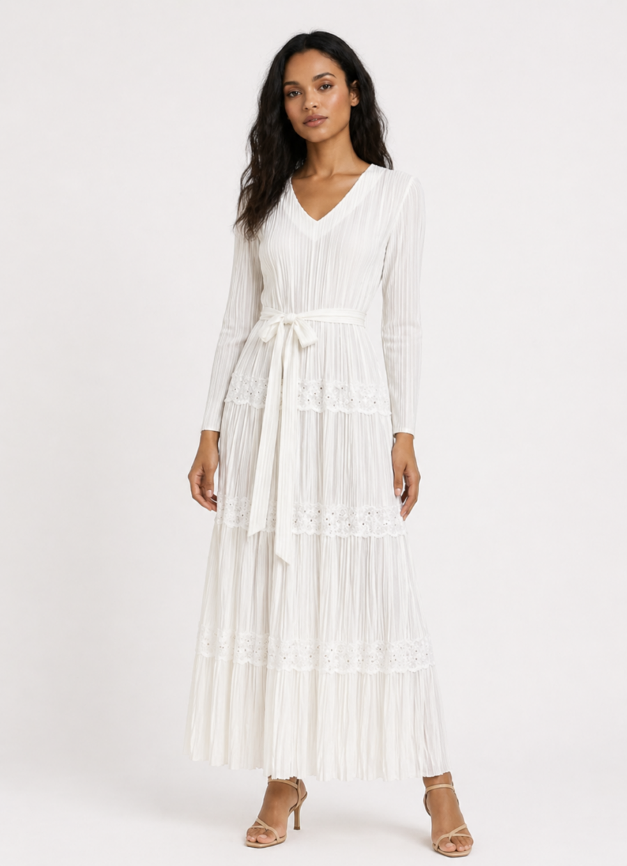 Vestido Pleated White Lace Flow Chic